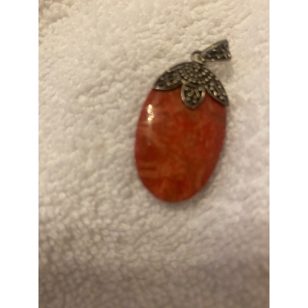 Sterling Marquisite 925  Red Stone Oval Pendant